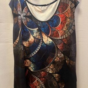 Abstract Spiral-Print Cap-Sleeve Women’s Top in Blue & Multi